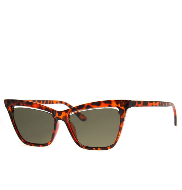 Pair of reddish tortoise cat eye sunglasses with gray-green lens