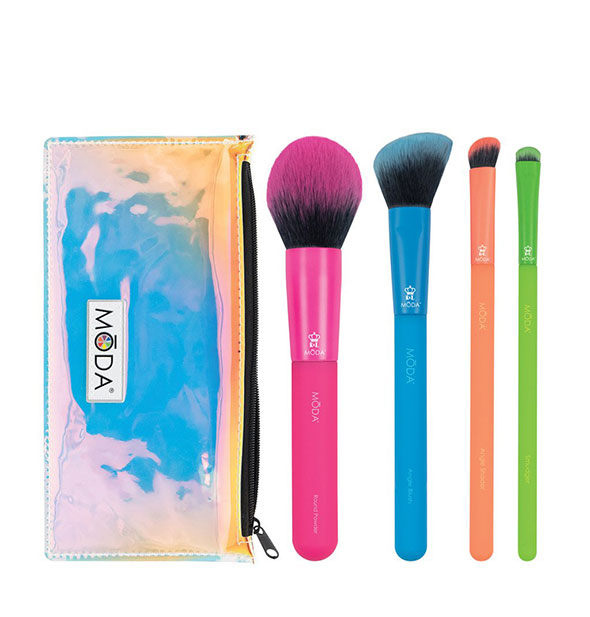 Set of four brightly colored makeup brushes with iridescent Moda storage pouch