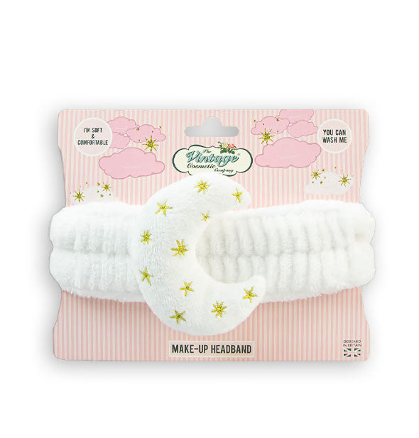 Plush white moon with gold stars Make-Up Headband by The Vintage Cosmetic Company on pink striped display card