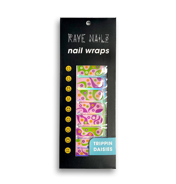 Rectangular pack of Rave Nailz Nail Wraps in colorful, psychedelic Trippin Daisies design