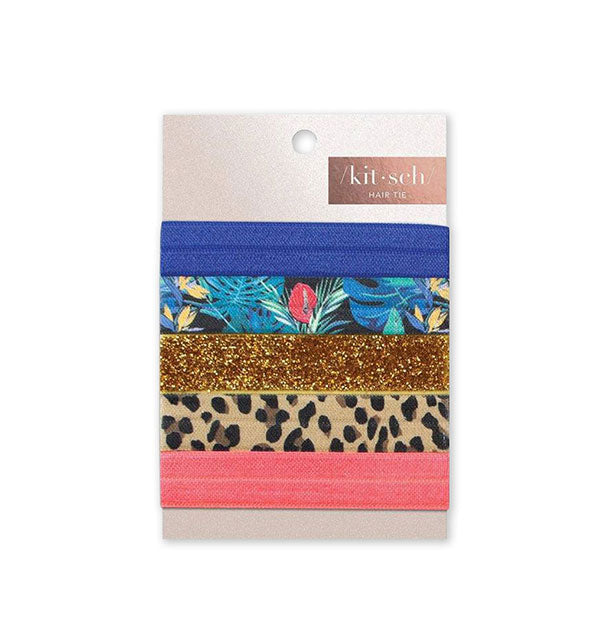 Five fabric hair ties on Kitsch product card in blue, tropical floral print, gold glitter, leopard, and pink