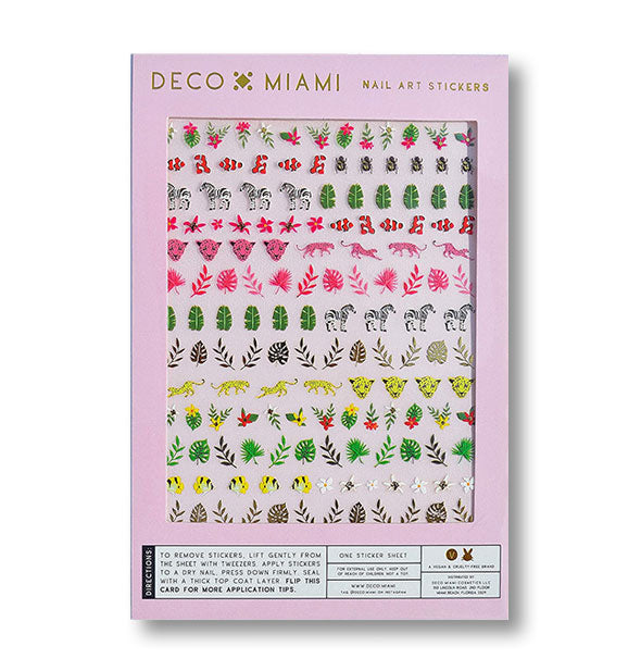 Pack of Deco Miami Nail Art Stickers with tropical-themed flora and fauna designs