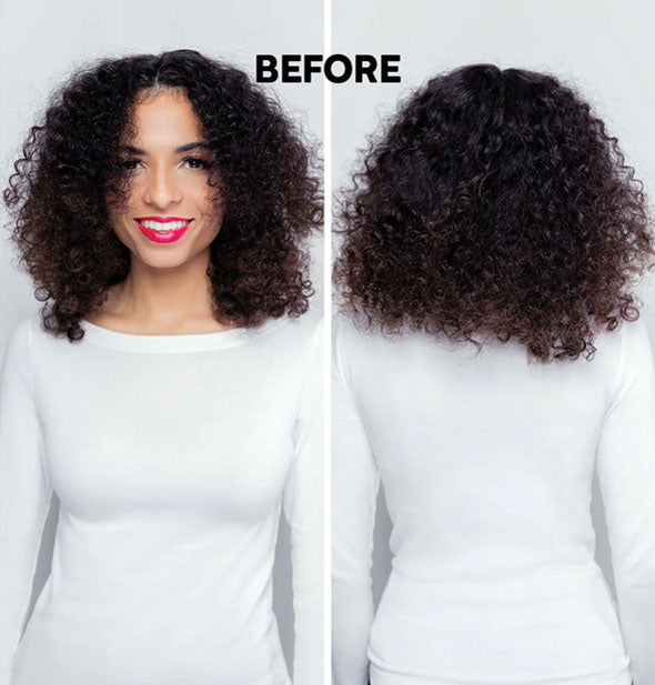 Model's very curly hair shown from the front and back before styling with ColorProof Tru Curl Enhancing Crème