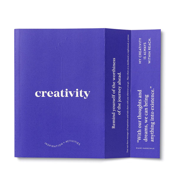 Unfolded front cover of Creativity journal is printed with inspirational quotes