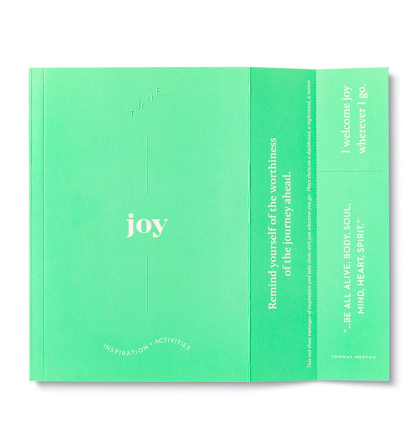 Unfolded front cover of Joy journal is printed with inspirational quotes