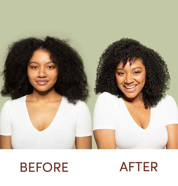 Before and after styling with Mizani True Textures Perfect Curl Oil Gel