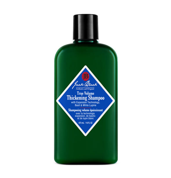 Green 16 ounce bottle of Jack Black True Volume Thickening Shampoo with black cap and diamond-shaped blue and white label with red accents
