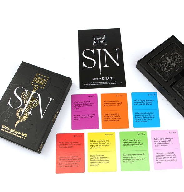 Box and components from the Truth or Drink: Sin edition game