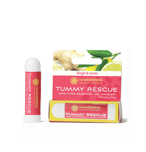 Tube of Ginger & Lemon Tummy Rescue 100% Pure Essential Oil Inhaler by Rare Essence Aromatherapy with box packaging