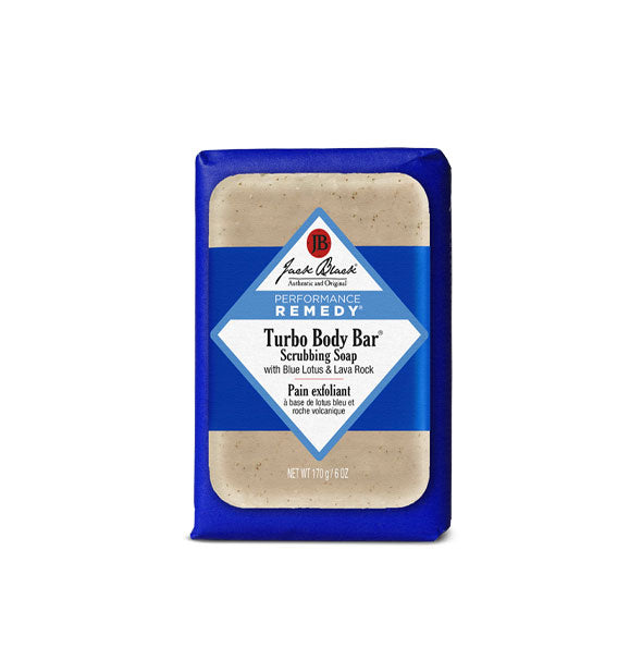 Predominantly blue package of Jack Black Performance Remedy Turbo Body Bar Scrubbing Soap