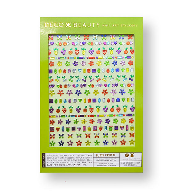 Lime green box of Deco Beauty Nail Art Stickers featuring colorful fruit-themed designs