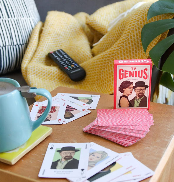 TV Genius Playing Cards and box in a living room setting