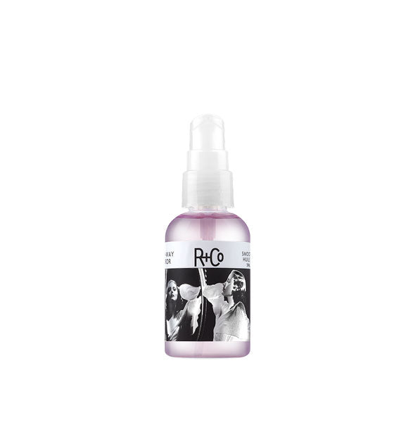 2 ounce bottle of R+Co Two-Way Mirror Smoothing Oil with black-and-white photograph label design
