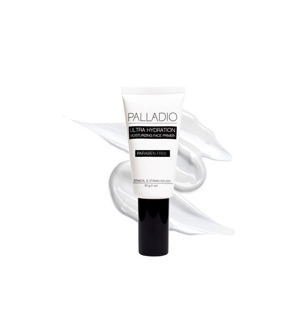 Small tube of Palladio Ultra Hydration Moisturizing Primer with white product application behind it