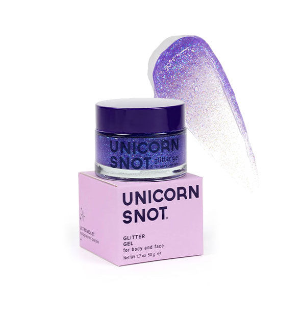 Pot of purple Unicorn Snot Glitter Gel with sample product application at top right in the shade Ultraviolet