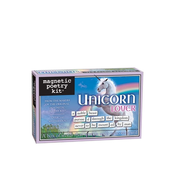 Magnetic Poetry Kit Unicorn Lover edition box with design of a rearing white unicorn in front of a rainbow