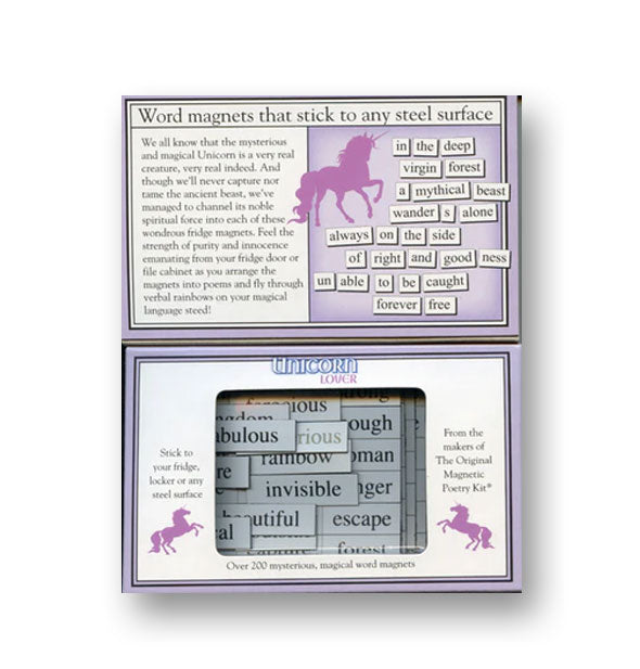 Opened Unicorn Lover Magnetic Poetry Kit box shows sample word tiles through packaging window