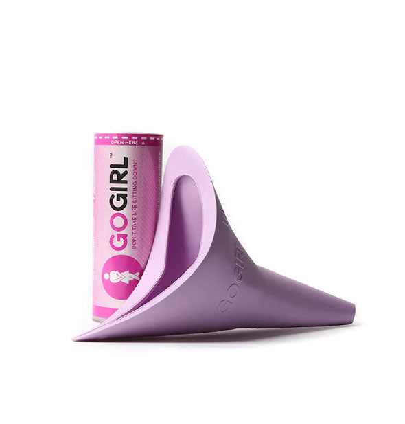 Purple GoGirl urination funnel with tube packaging
