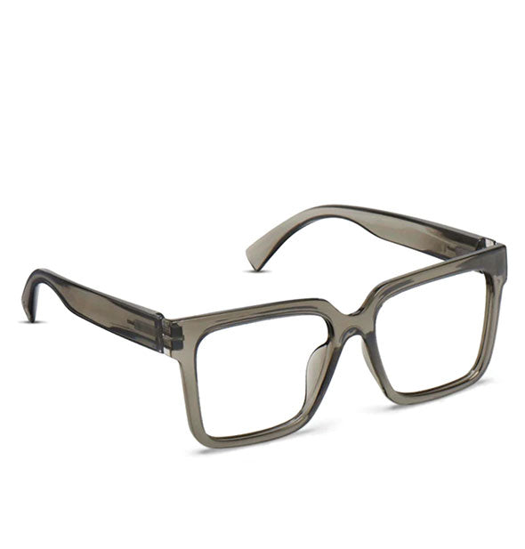Three-quarter view of a pair of square glasses with a dark gray clear frame