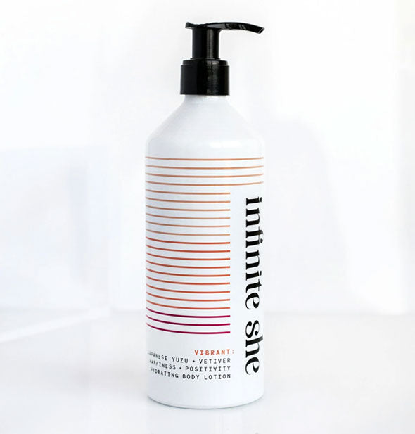 14 ounce bottle of Vibrant Infinite She Body Lotion with red and orange stripes across bottle and black pump nozzle