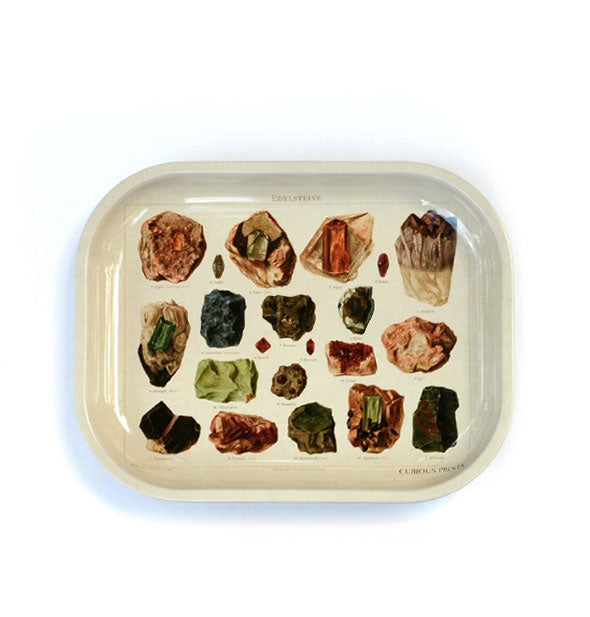 Rectangular tray with rounded corners features a vintage print design of labeled crystals