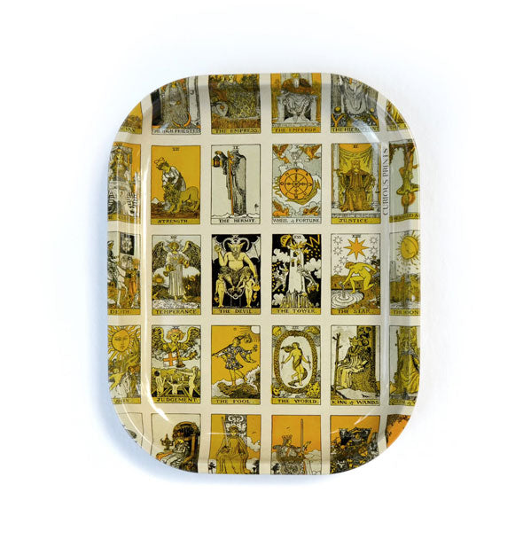 Rectangular tray with rounded corners features all-over illustrations of vintage tarot cards