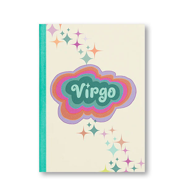 Notebook cover with teal binding, colorful stars, and colorful radiant lettering that reads, "Virgo"