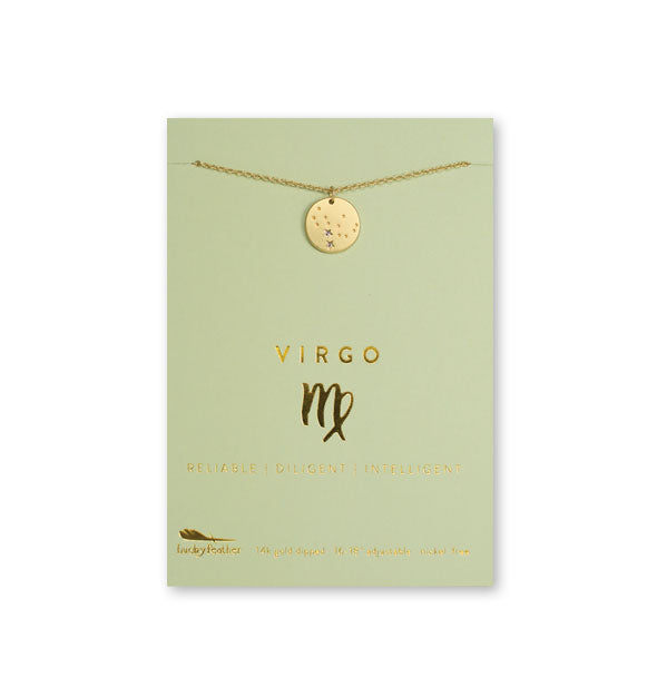 Gold Virgo necklace on card with metallic gold print and symbol