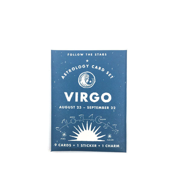 Blue and white pack of Follow the Stars Astrology Cards representing the zodiac sign Virgo