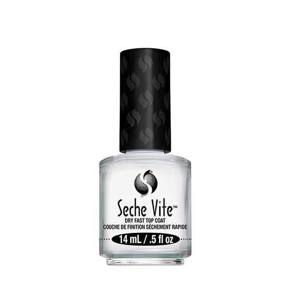 Clear 0.5-ounce (14 ml) bottle of Seche Vite Dry Fast Top Coat nail polish with black patterned cap.
