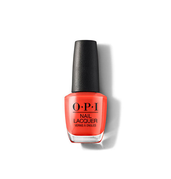 Bottle of OPI Nail Lacquer in a red-orange shade