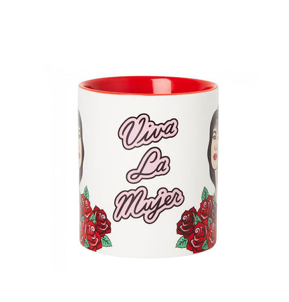 White coffee mug with red interior and red rose illustrations says, "Viva La Mujer" in black and pink lettering