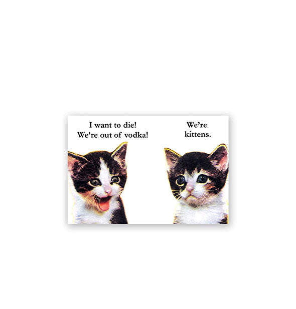 Rectangular white magnet with image of two kittens, one with mouth wide open appearing to say, "I want to die! We're out of vodka!" and the other appearing to respond, "We're kittens."