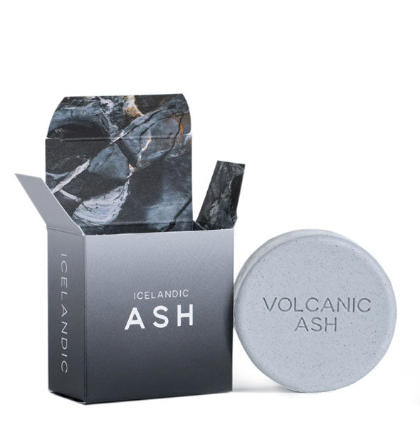 Round gray Icelandic Volcanic Ash soap bar with box featuring a printed interior