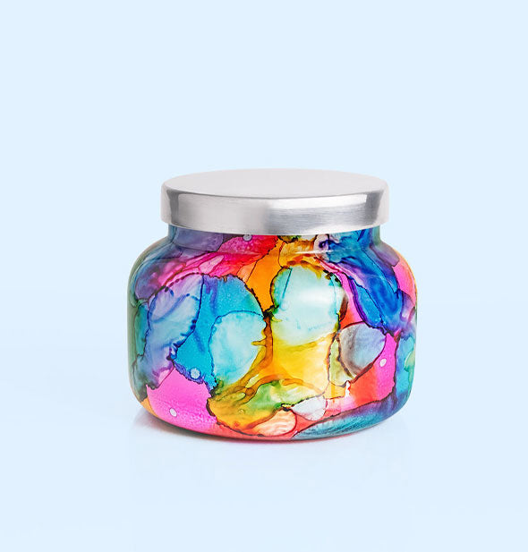 Colorful watercolor-effect jar candle with silver lid