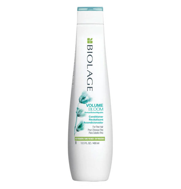 White 13.5-ounce bottle of Biolage VolumeBloom Conditioner with blue and green design accents.