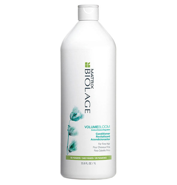 White 33.8-ounce (1 liter) bottle of Matrix Biolage VolumeBloom Conditioner with blue and green design accents.