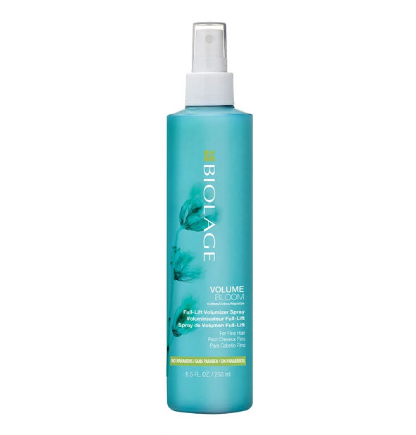 Blue 8.5-ounce bottle of Biolage VolumeBloom Full-Lift Volumizer Spray with spray nozzle and green design accents