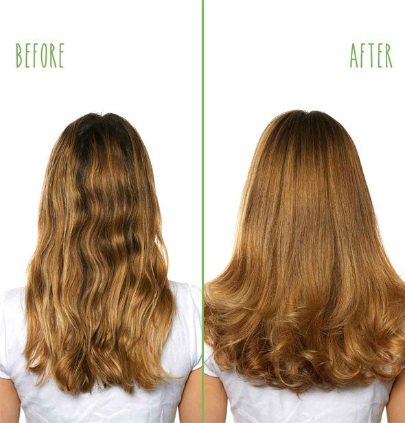 Side-by-side comparison of model's hair before and after styling with Biolage Volume Bloom Full-Lift Volumizer Spray