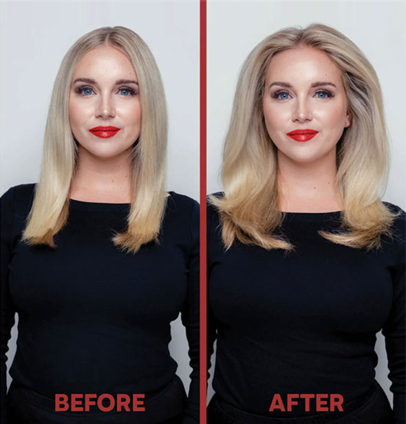 Model before and after styling hair with ColorProof Volume Blow Dry Spray