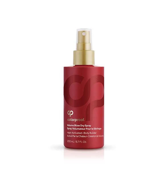 Red 6.7 ounce bottle of ColorProof Volume Blow Dry Spray with gold spray nozzle