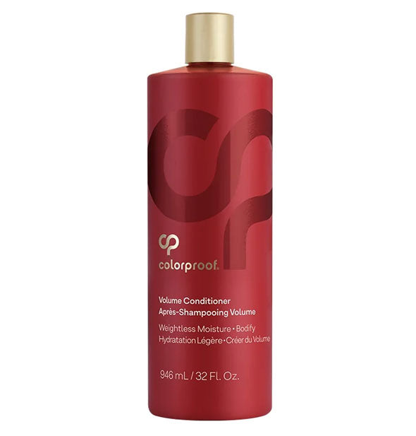 Red 32 ounce bottle of ColorProof Volume Conditioner with gold cap