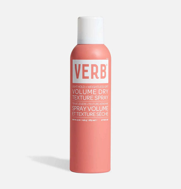 Salmon-colored can of Verb Volume Dry Texture Spray with white cap and lettering