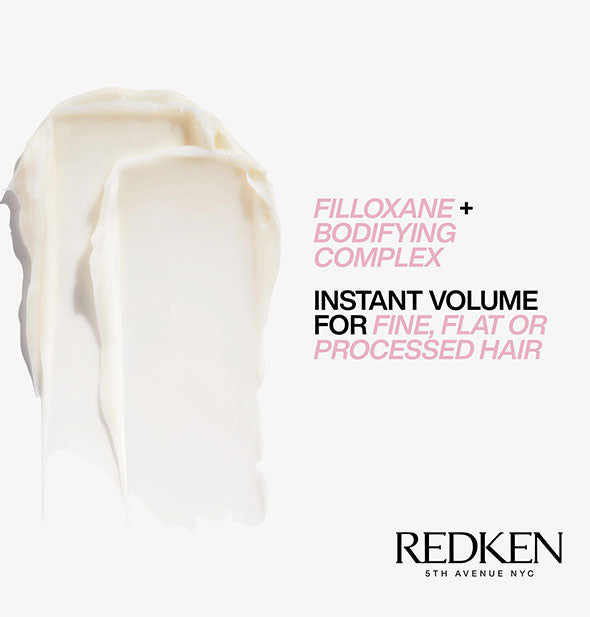 Sample swabs of Redken Volume Injection Conditioner are captioned: "Filloxane + Bodifying Complex: Instant Volume for Fine, Flat, or Processed Hair"