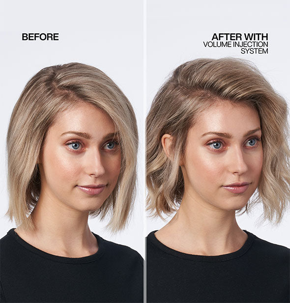 Before and after results of using Redken Volume Injection system