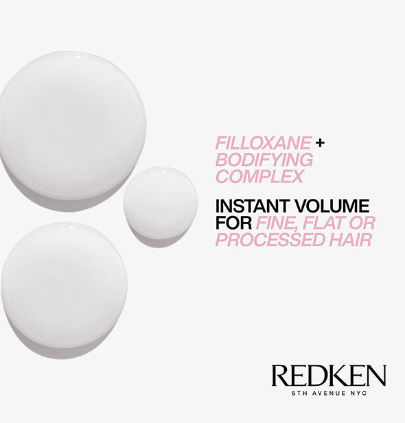 Drops of Redken Volume Injection Shampoo captioned: "Filloxane + Bodifying Complex: Instant Volume for Fine, Flat, or Processed Hair"