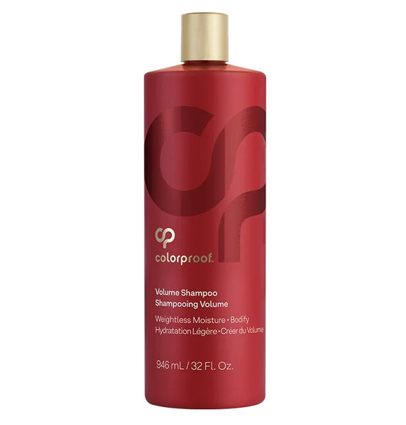 Red 33.8 ounce bottle of ColorProof Volume Shampoo with gold cap