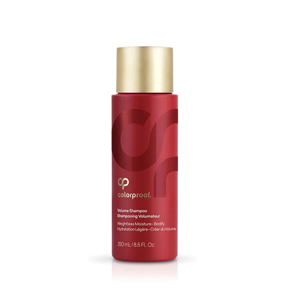 Red 8.5 ounce bottle of ColorProof Volume Shampoo with gold cap