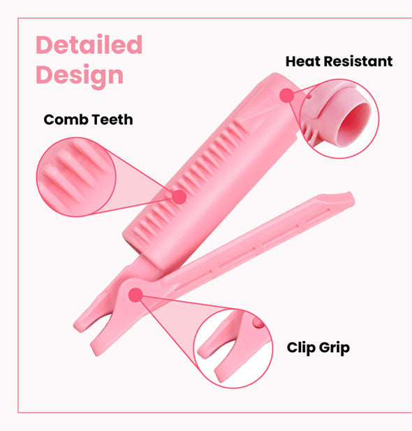Pink Volumizing Root Lifter with inset detail of its combed teeth, heat resistant finish, and clip grip
