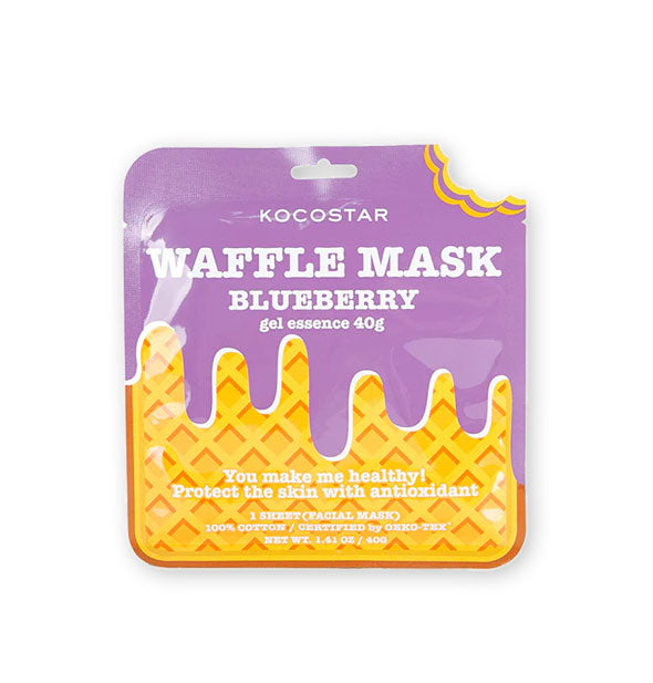 Purple and yellow Kocostar Blueberry Waffle Mask packet with corner "bite" mark cutout